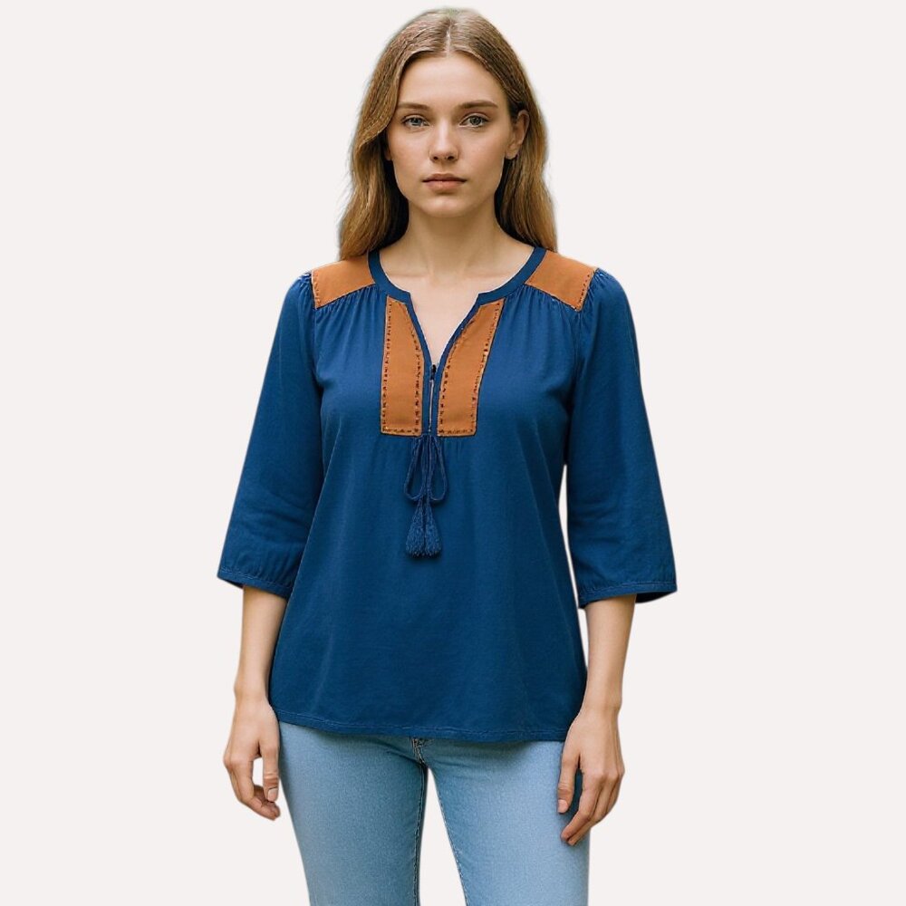 Haute Hippie Women's S Blue Suede Trim Tassel Neck 3/4 Sleeve Boho Blouse